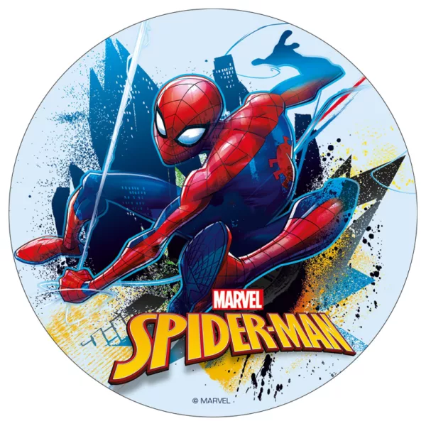 Spiderman rundt sukkerprint 19 cm - Lyseblå baggrund