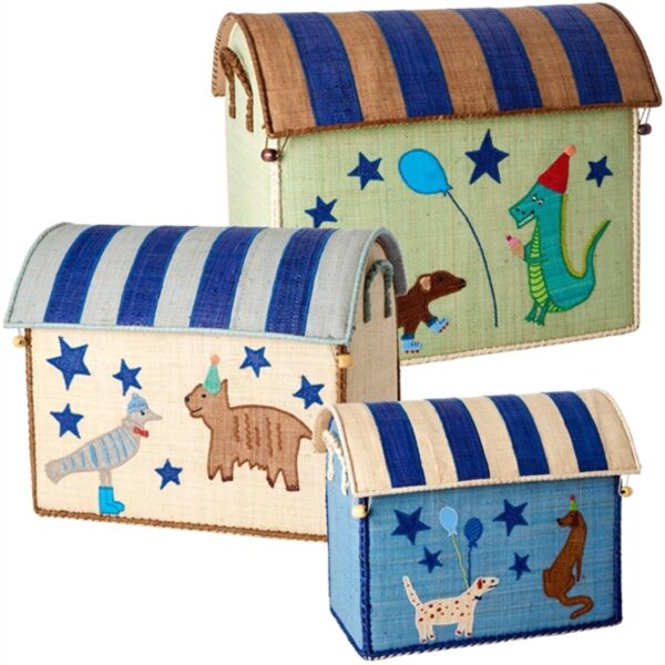 RICE Blue Party Animal Theme Raffia Kurvehus til Opbevaring 3-pak